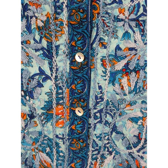 Dolma Silk Blend Floral Blue Tunic Hand Embroidered Henley Bohemian Indian Sz M - Picture 6 of 12